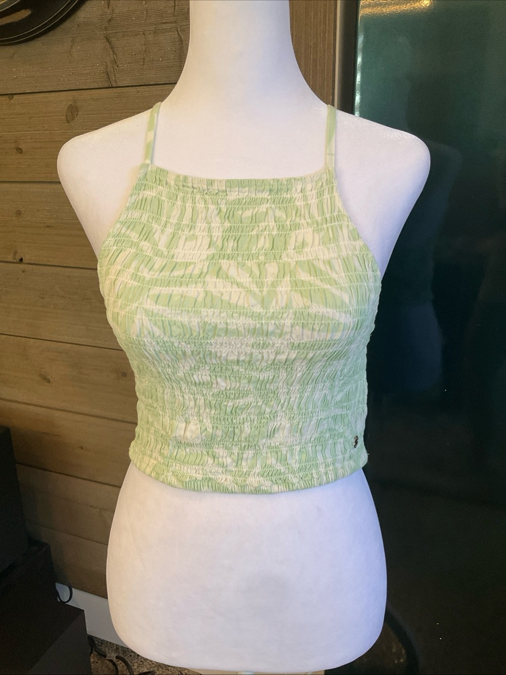 Roxy Light Green Smocked Halter Crop Top